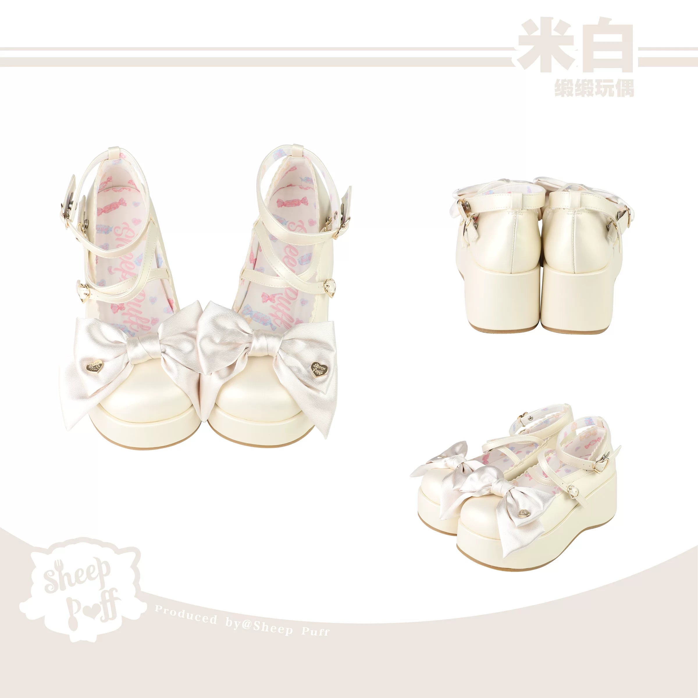 Sheep Puff satin doll platform lolita shoes with decorative bows and satin finish, stylish footwear for elegant fashion.