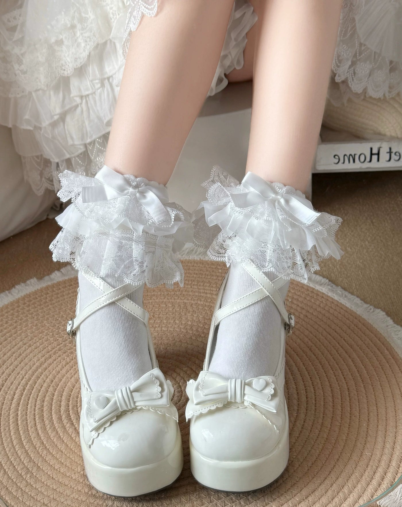 Fantasy Doll - Lace Bow - Mid-Calf Socks with Layered Lace Cuffs