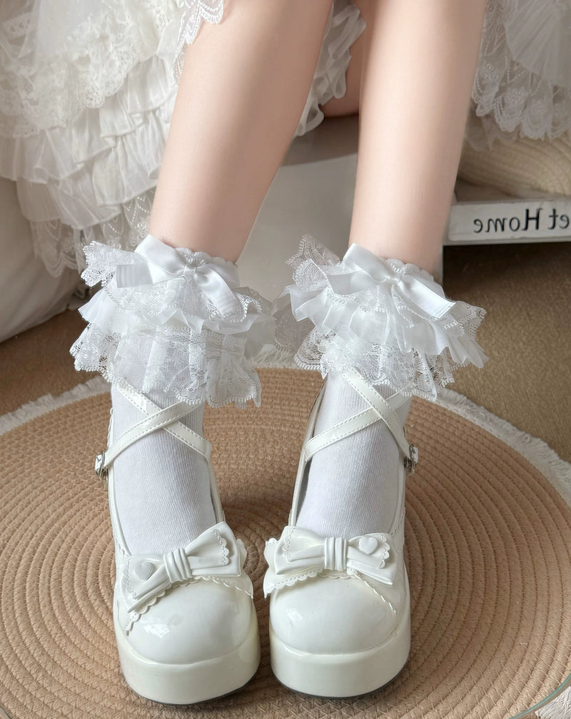 Fantasy Doll - Lace Bow - Mid-Calf Socks with Layered Lace Cuffs
