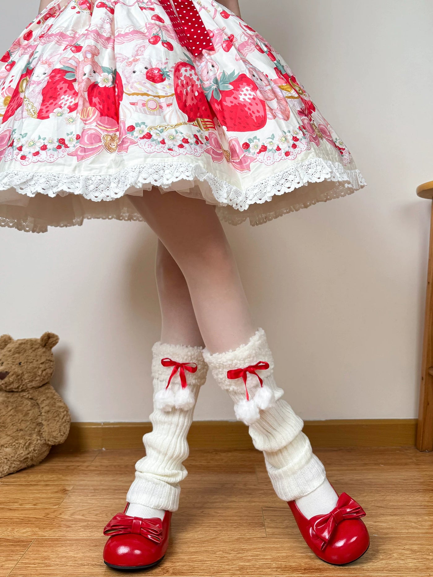 Chubby Bear Tales - Strawberry Doll - Scrunched Sock Covers with Ribbon Ties and White Pom-Poms