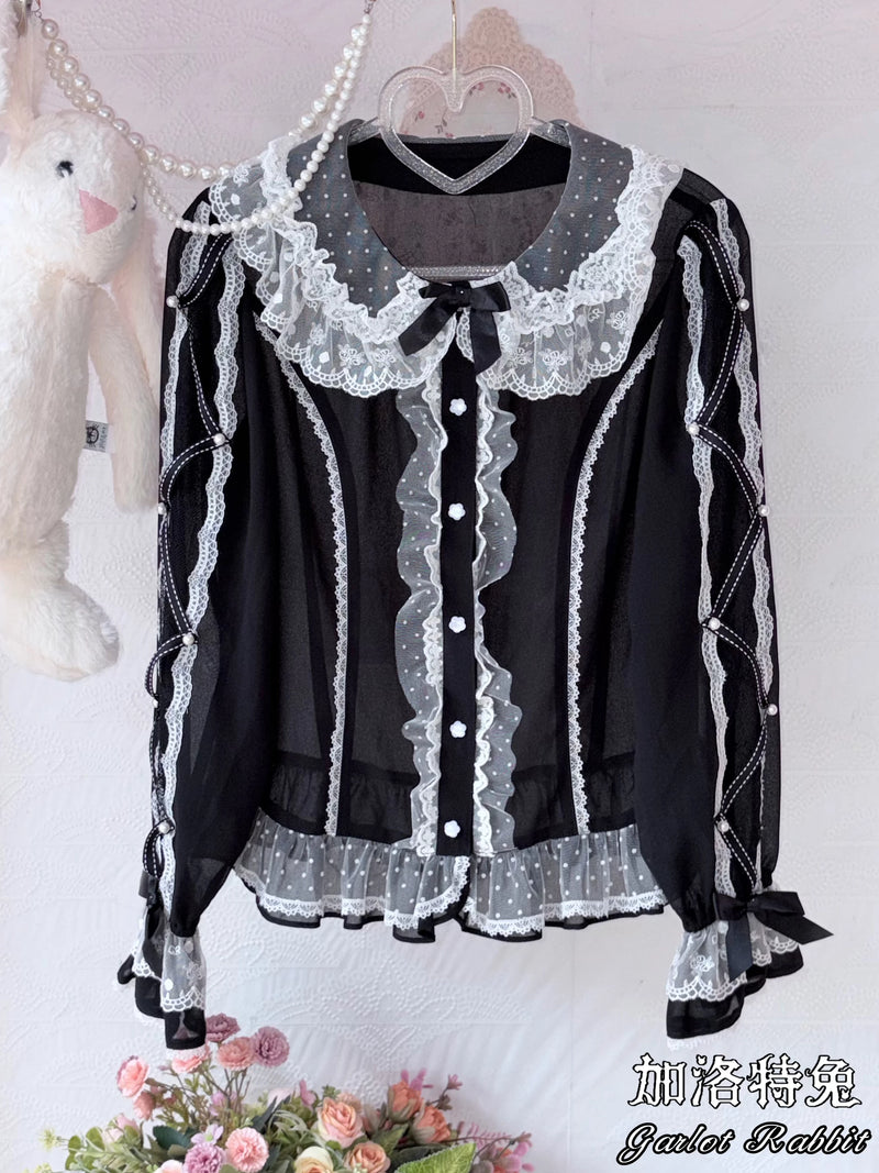 Galette Bunny — Pearl Ribbon Long-Sleeve Chiffon Blouse
