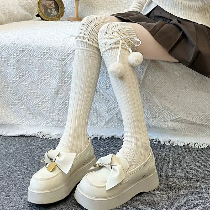Floral Milk Cat - Pom-Pom Rib - Ribbed Thigh-High Socks with Side Pom-Poms
