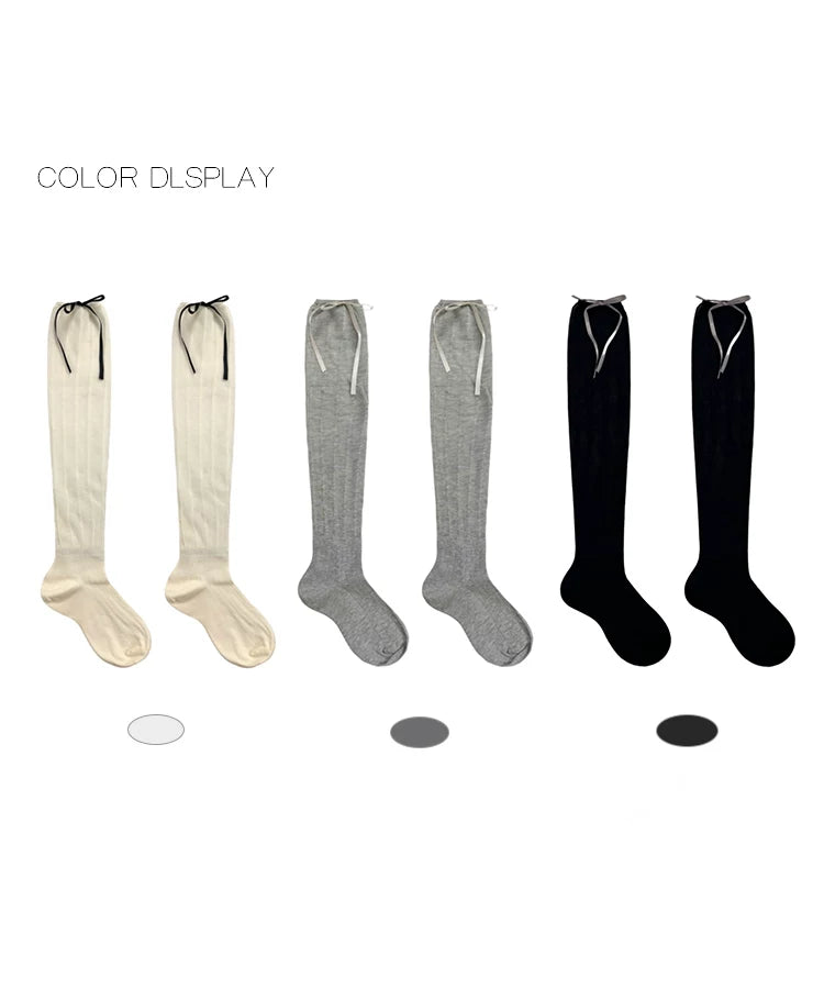 White Socks - Vertical Stripe Bow - Mesh Calf Socks with Bow Ties