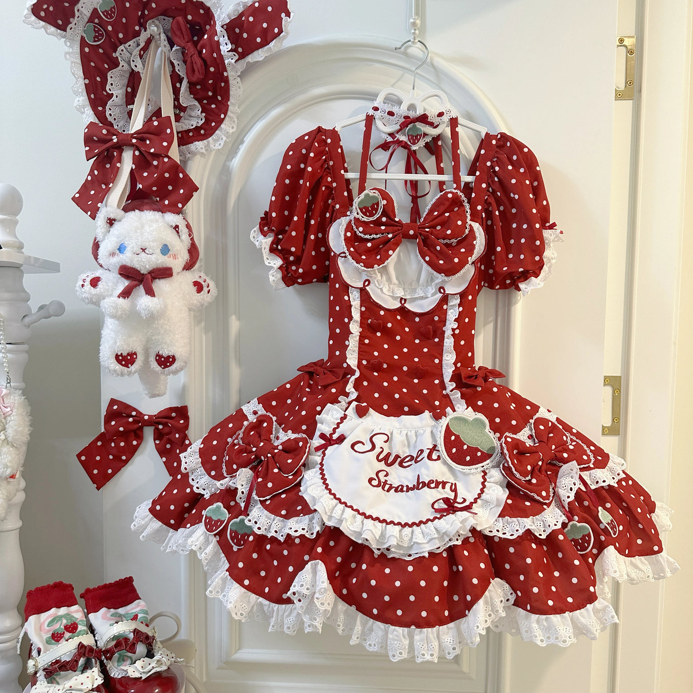 Red strawberry polka dot lolita OP dress, front view