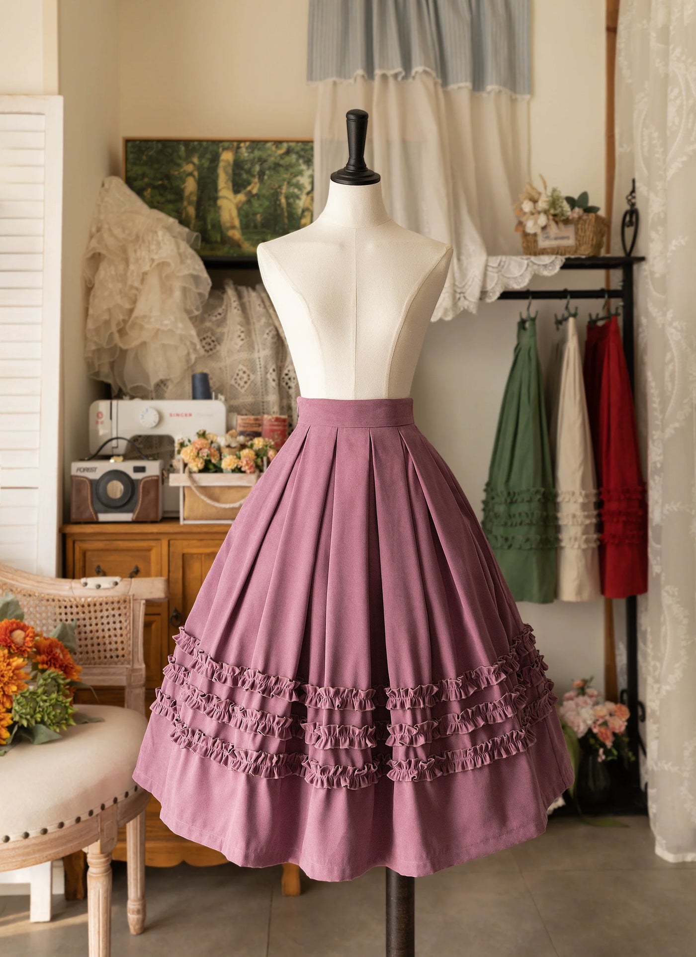Forest Basket - Elegant Lolita Skirt Mushroom Edge Skirt Retro Classic S Pinkish-purple