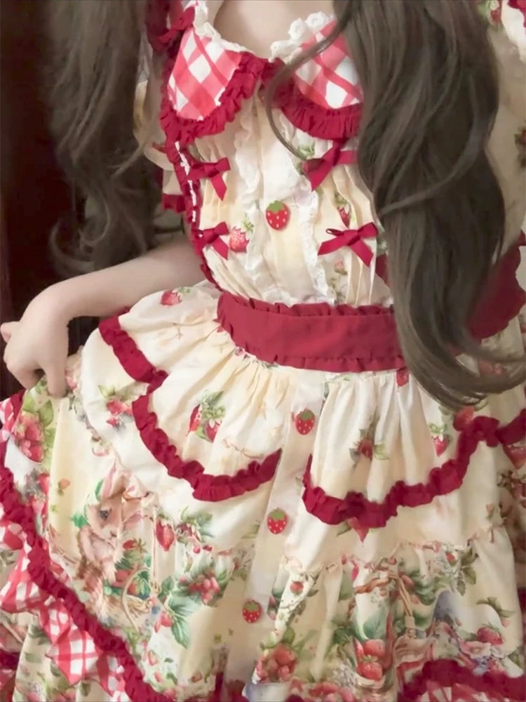 Dream Bunny - December Strawberry Field - Strawberry-Print One-Piece Dress with Red Gingham Ruffles