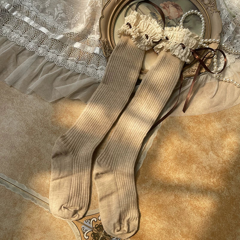 Sock Noble - Winter Lace - Cotton and Wool Mid-Calf Boot Socks with Ribbon Ties