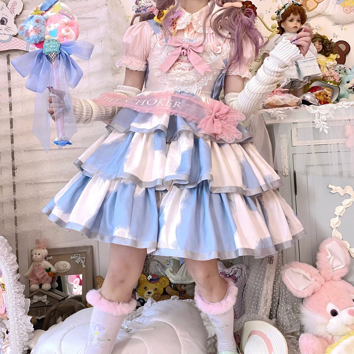 Tata Long Ear - Milk Cake Cow Print - Cow-Print JSK Dress with Three-Section Skirt