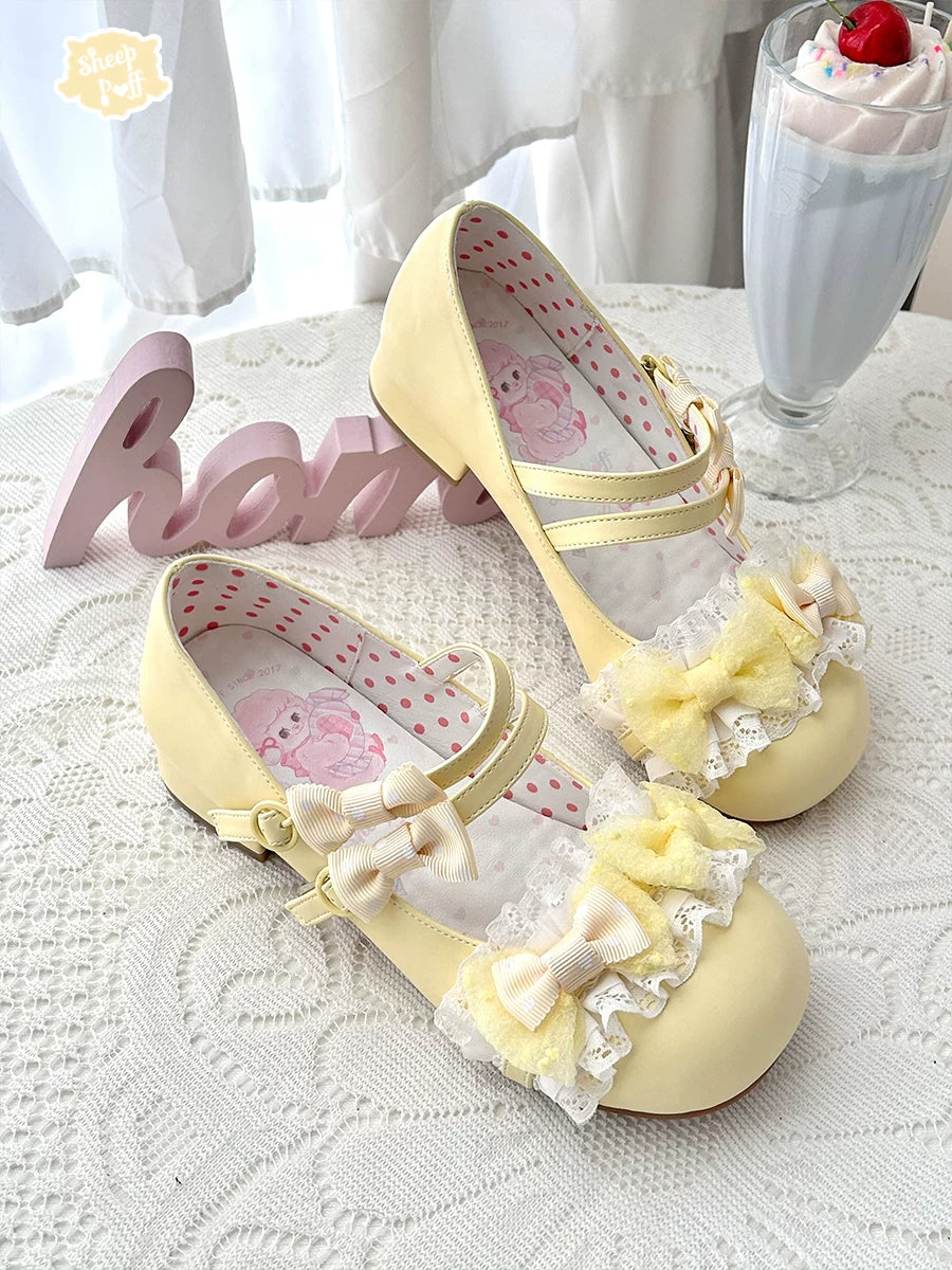 Sheep Puff Showa Candy low heel Lolita shoes with pastel pink and white design, featuring a cute sheep puff embellishment and rounded toe.