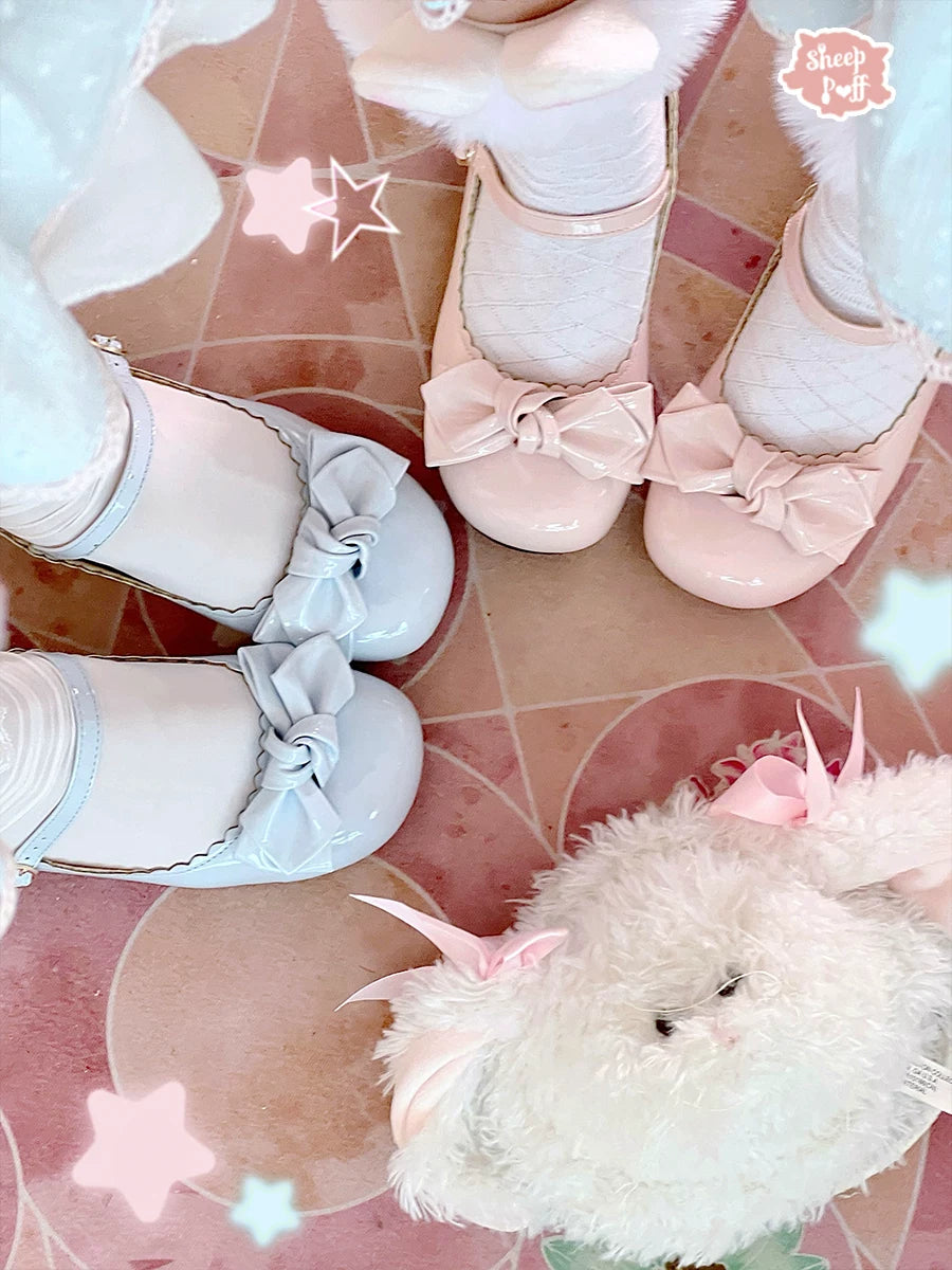 Sheep Puff Rounded Bow Patent Lolita Shoes