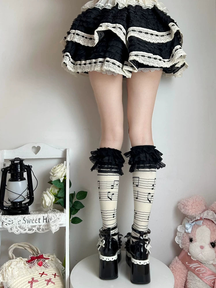 Fantasy Doll - Musical Note - Socks with Black Lace Ruffle Cuffs
