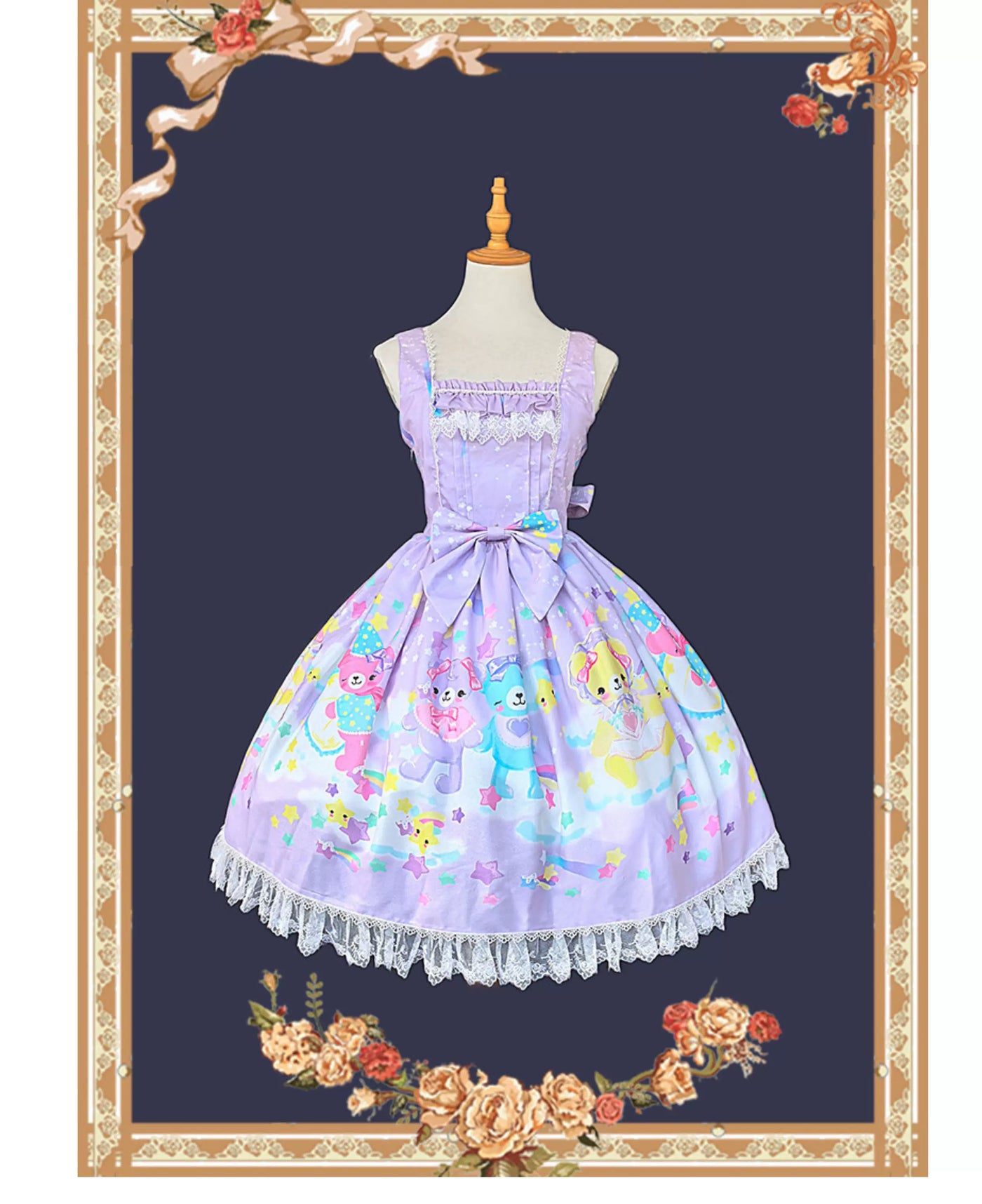 Sleepy Bear - Kawaii Lolita Bear and Star Printed Dress Light Purple JSK Only S Pre-order
