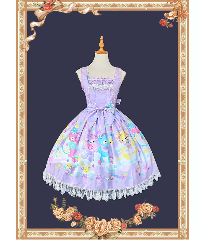 Sleepy Bear - Kawaii Lolita Bear and Star Printed Dress Light Purple JSK Only S Pre-order