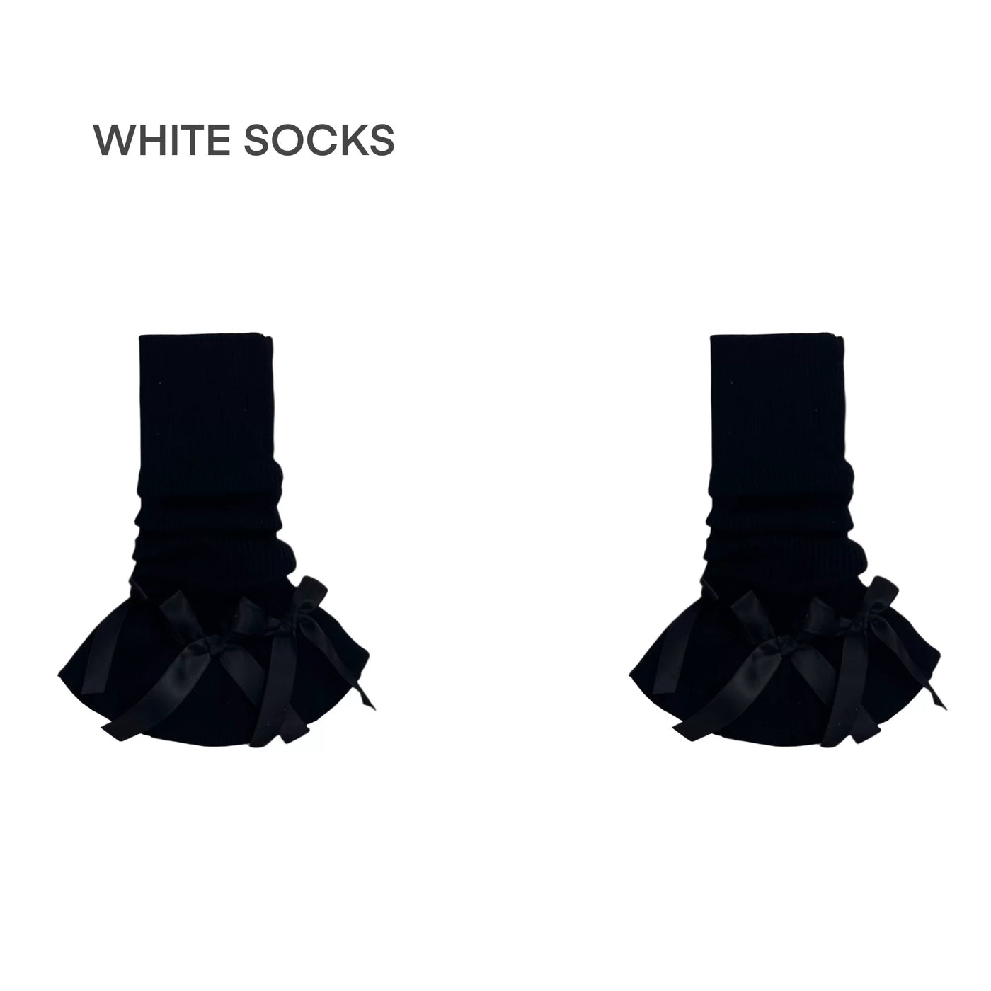 Black ruched leg warmers with multiple bow details