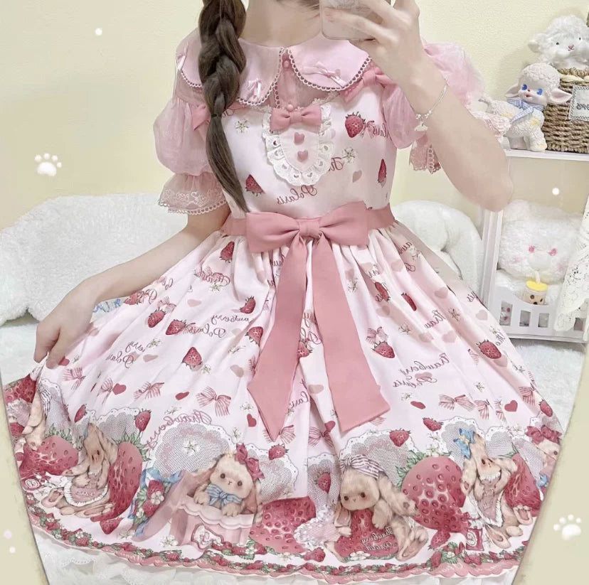Sweetheart Dream Machine - Rabbit Strawberry Gift Box - Pink JSK Dress with a Rabbit-and-Strawberry Print