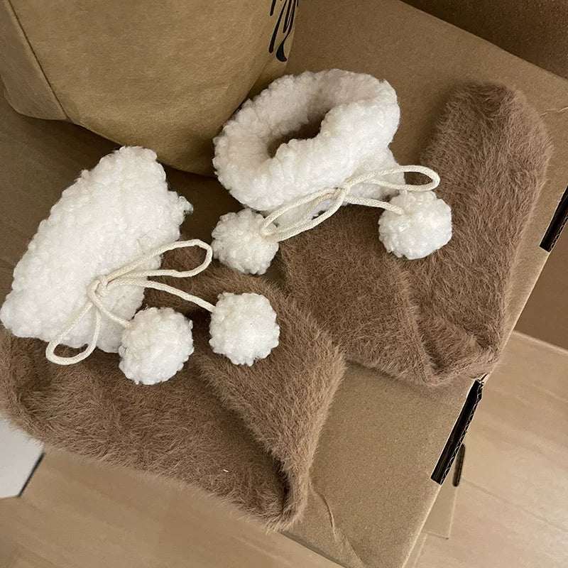Sock Noble - Winter Pom-Pom - Plush-Trim Slouch Socks with Pom-Pom Ties