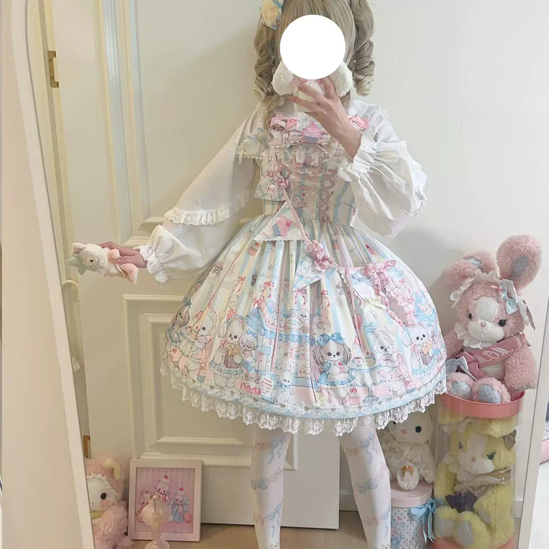 Lady Han Sweet Tea Party JSK dress by Lolita Fetch featuring a cute, sweet tea party print on a charming, colorful fabric.