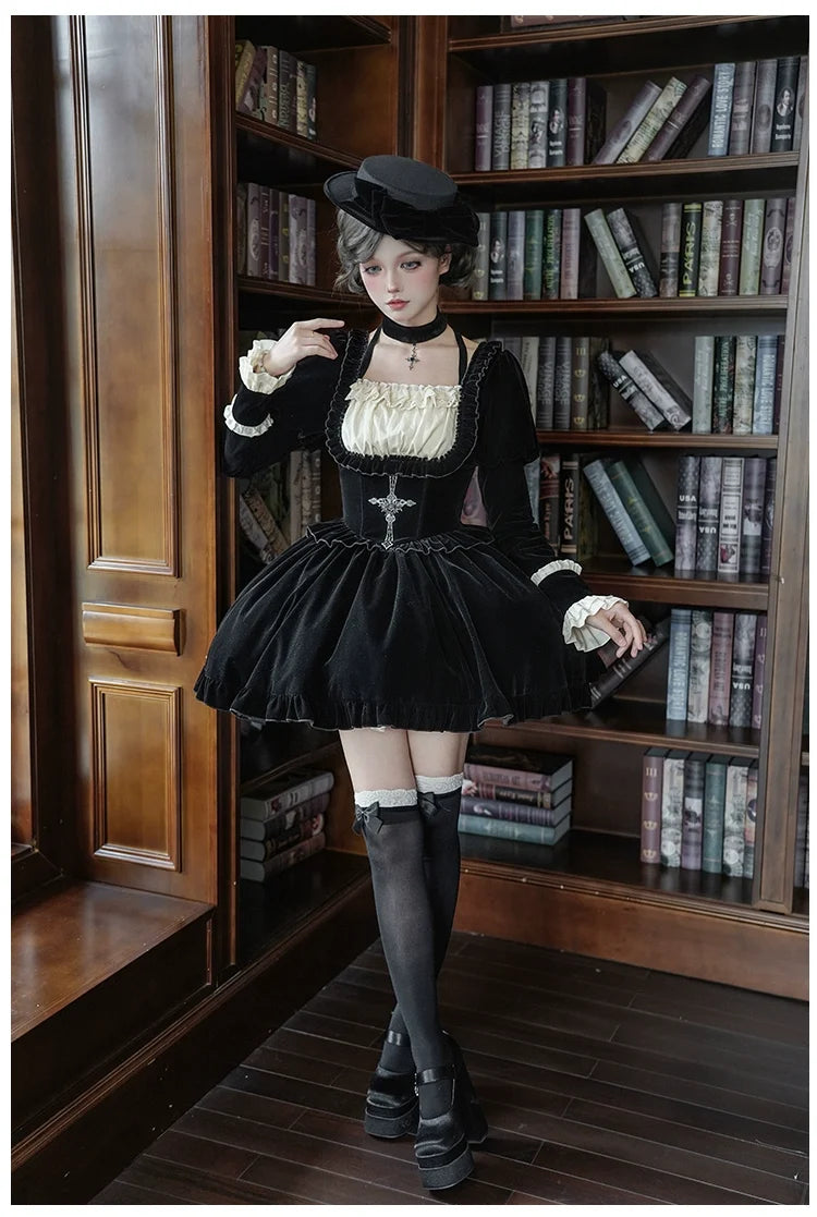 With PUJI - Apocalypse - Gothic Lolita Velvet OP Dress Set, Fishbone Waist