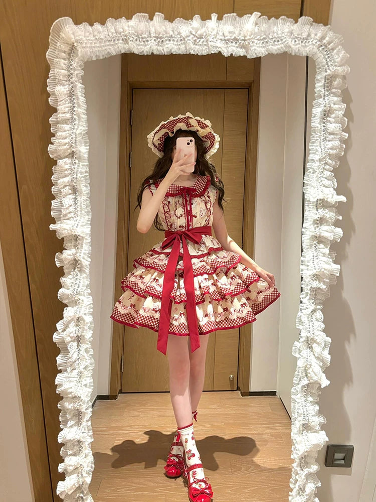 Dream Bunny - The Cherries Are Ripe - Cherry-Print Lolita Fashion Set with Gingham Ruffles