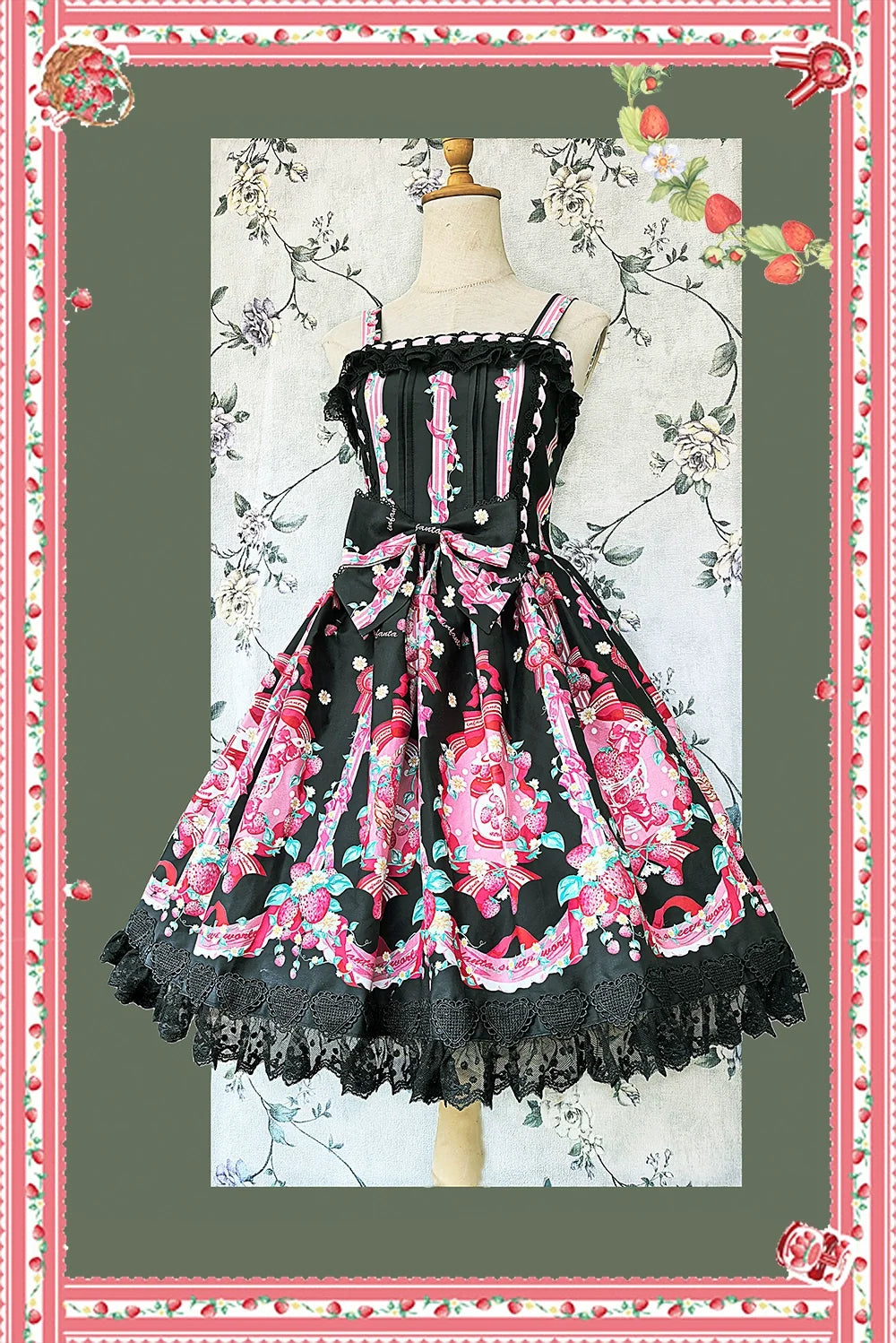 Strawberry Culinary Maiden - Sweet Lolita JSK Dress With Strawberry Floral Print Black JSK S