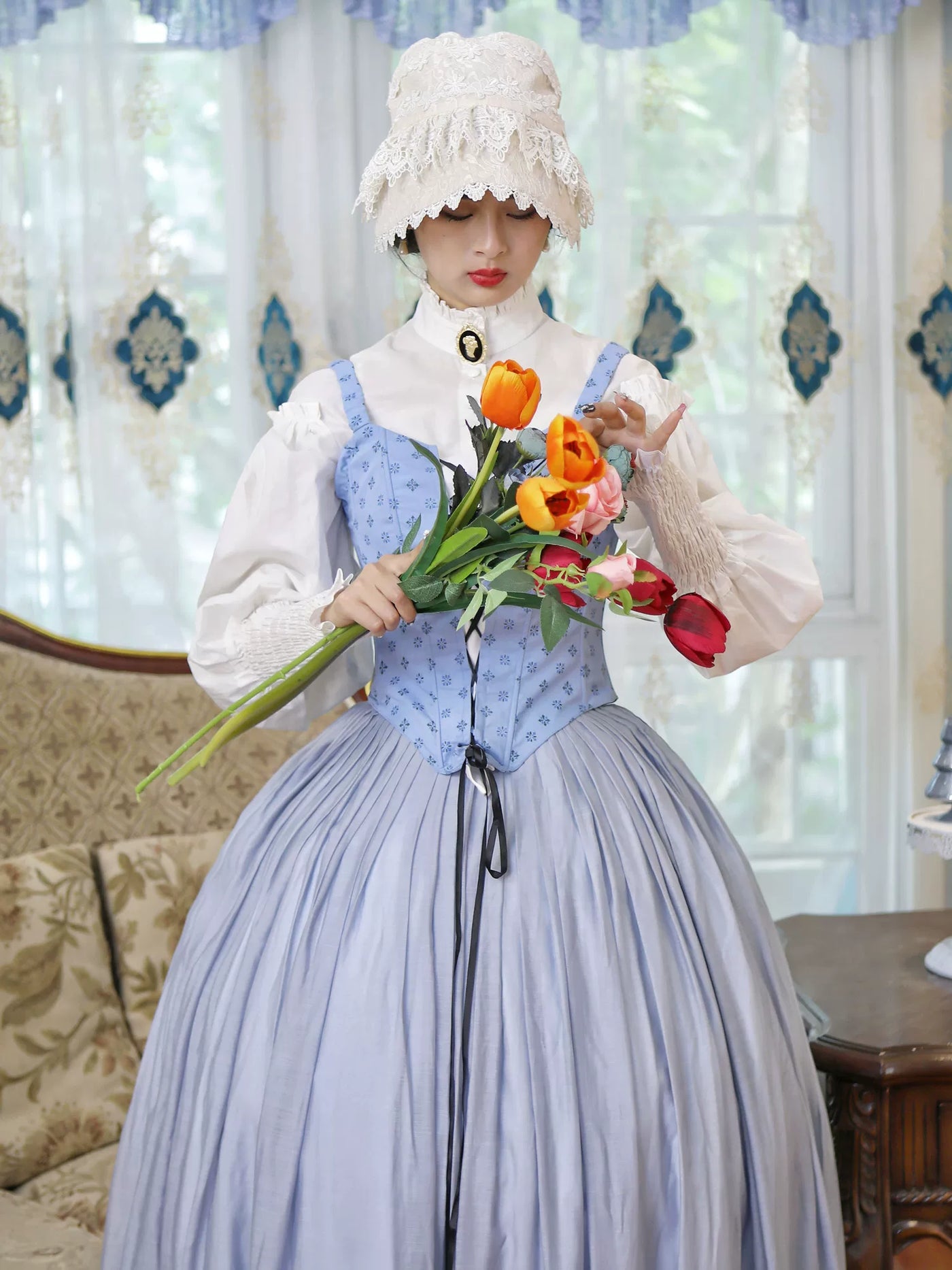 LACE GARDEN - Bavarian Girl - Light Blue Three-Piece Set with a Lace-Up Boned Bodice
