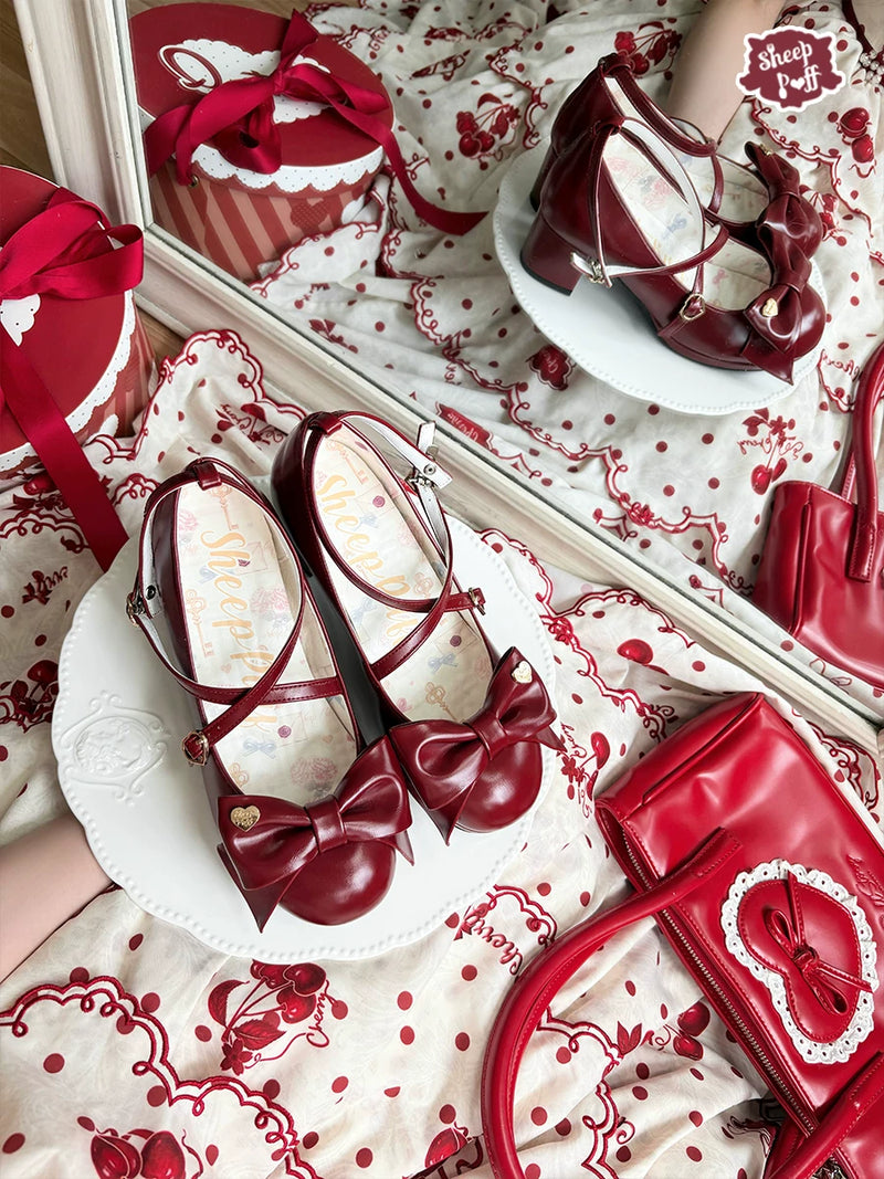 Sheep Puff Miss Fondant Lolita Shoes featuring mid heels and decorative sheep puff accents for a whimsical, stylish look.