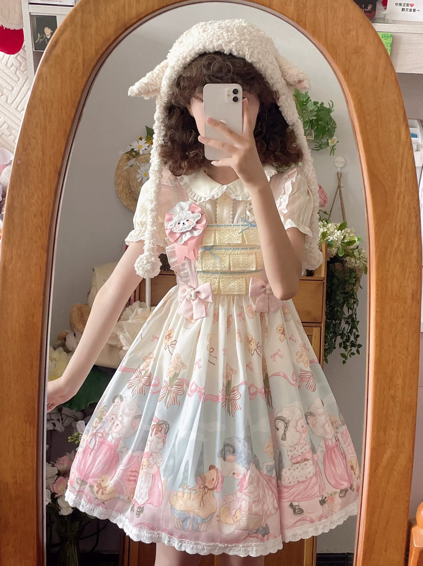 Cat Upon Cat - Sheep Waltz - Printed JSK with a Lace-Trimmed Hem