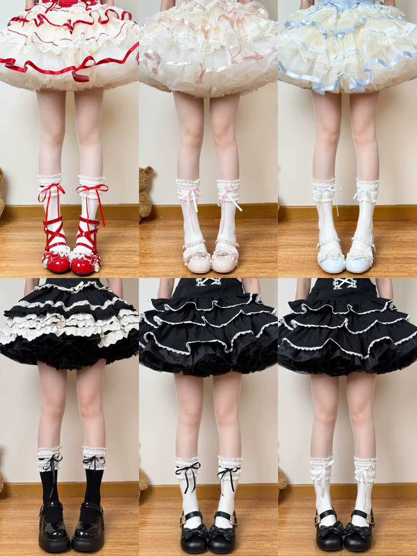 Mid-short Lolita socks with lace cuffs and coloured ribbon bows