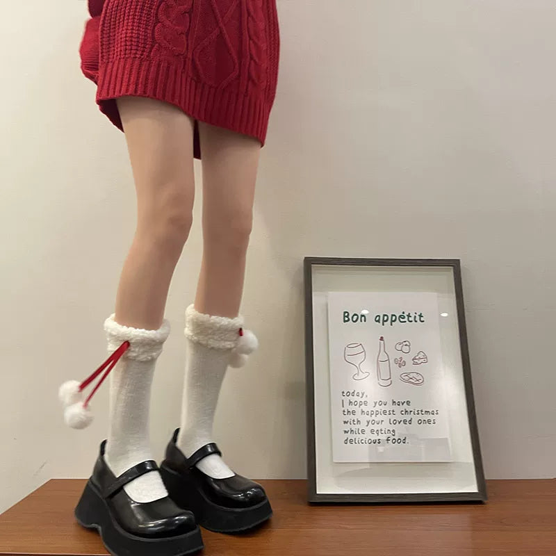 Sock Noble - Christmas Ribbon Slouch - Long Mid-Calf Socks with Fuzzy Cuffs