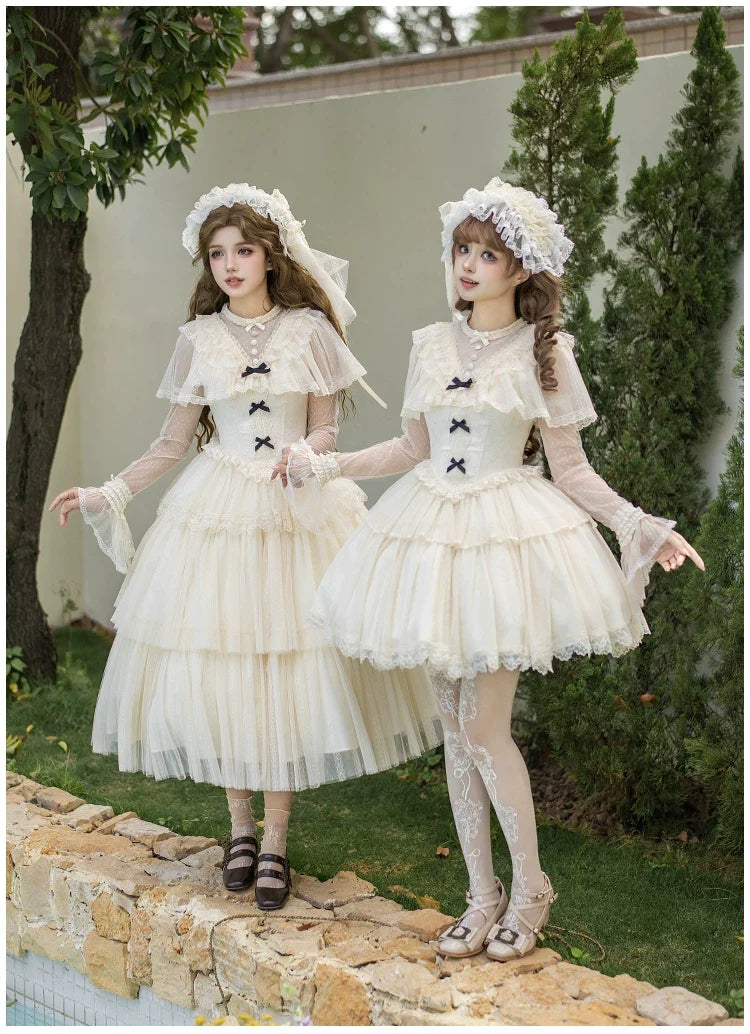 With PUJI - White Mist Promise - Classic Lolita Corset OP Set, Edwardian Collar & Tiered Hem