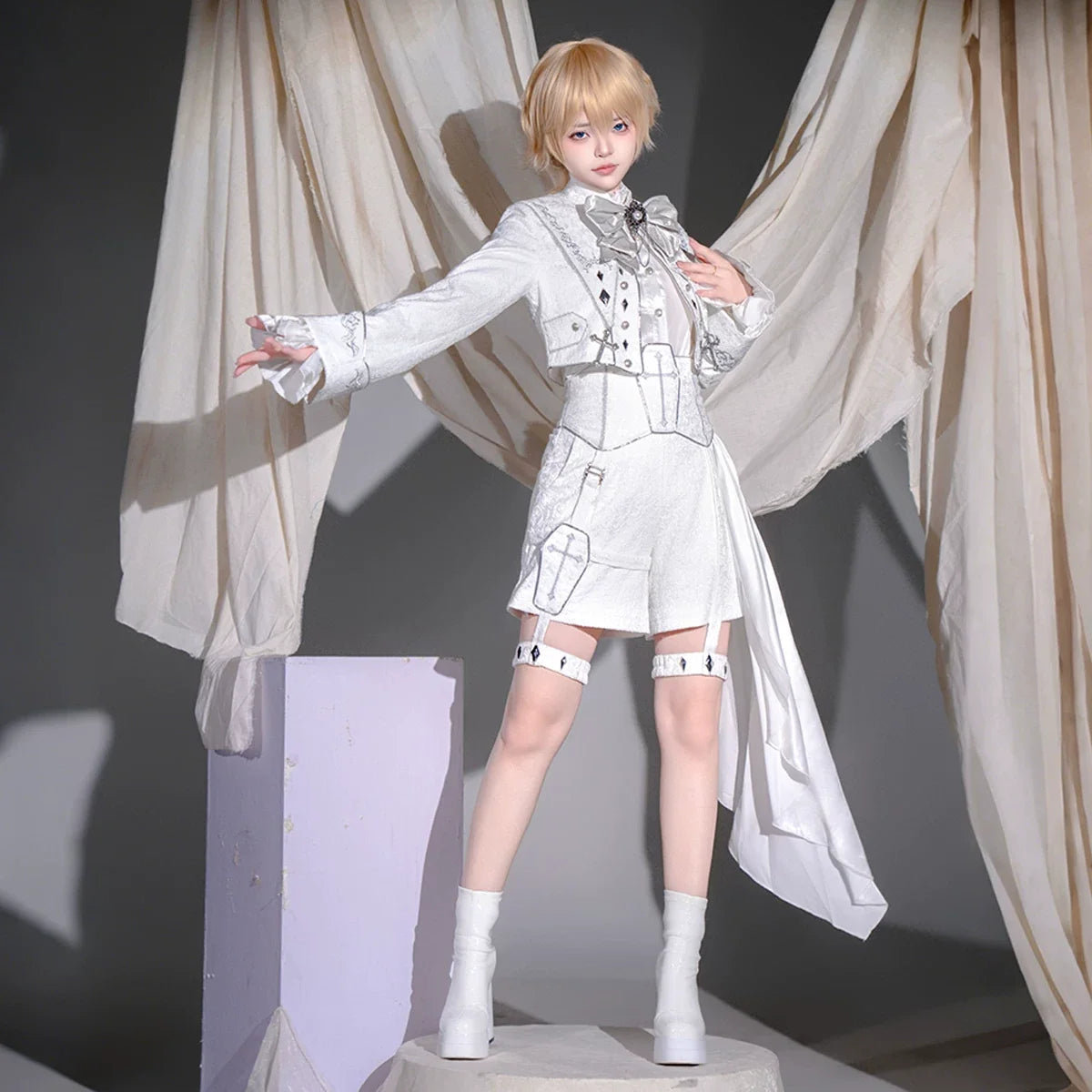 Letters from Unknown Star - Silver Covenant - White Ouji Lolita Embroidery Coat and Shorts Set with Cross