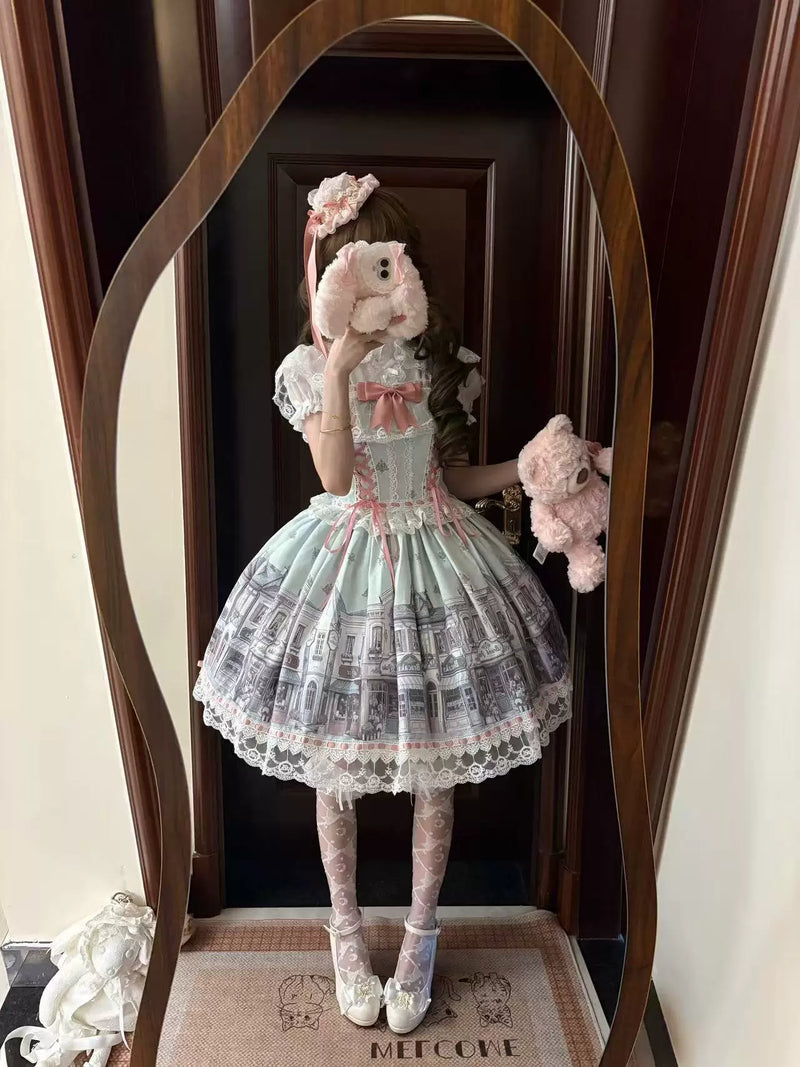 Blush pink Star Fish Old Alley Floral Sweet Lolita JSK with building print and lace trim