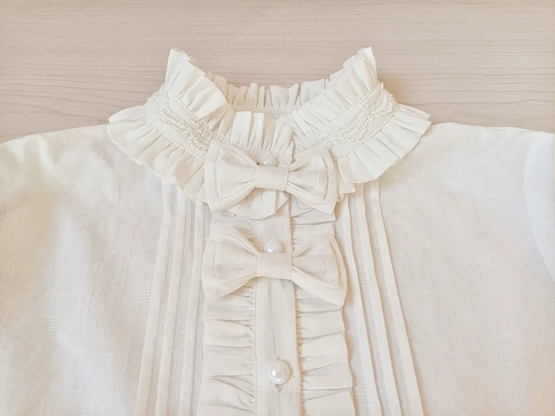 Youlan Lane - Winter Cotton - White Long-Sleeve Blouse with Lace Trim and Removable Bows - product detail 6