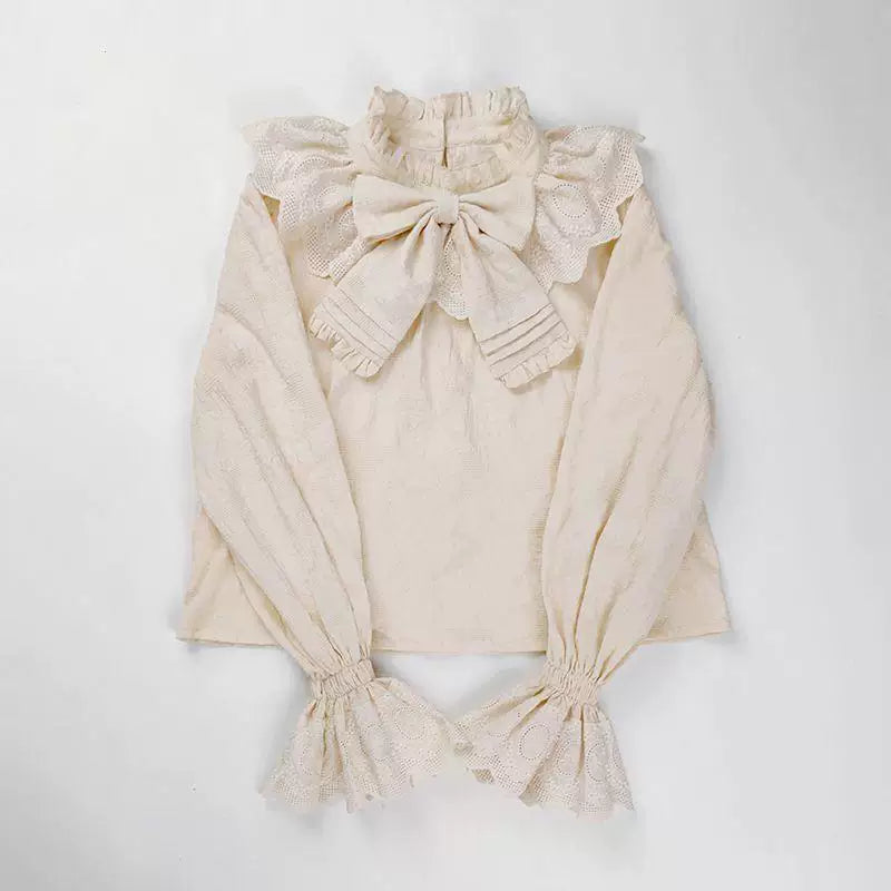Sweetheart Dream Machine - Ruffle Bow - High-Neck Jacquard Blouse with a Centered Bow