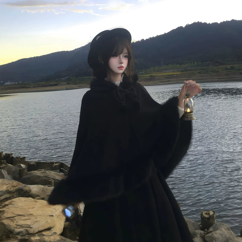 Mizuiro Dream Autumn & Winter Lolita Cape — Black Shawl + Bow Tie