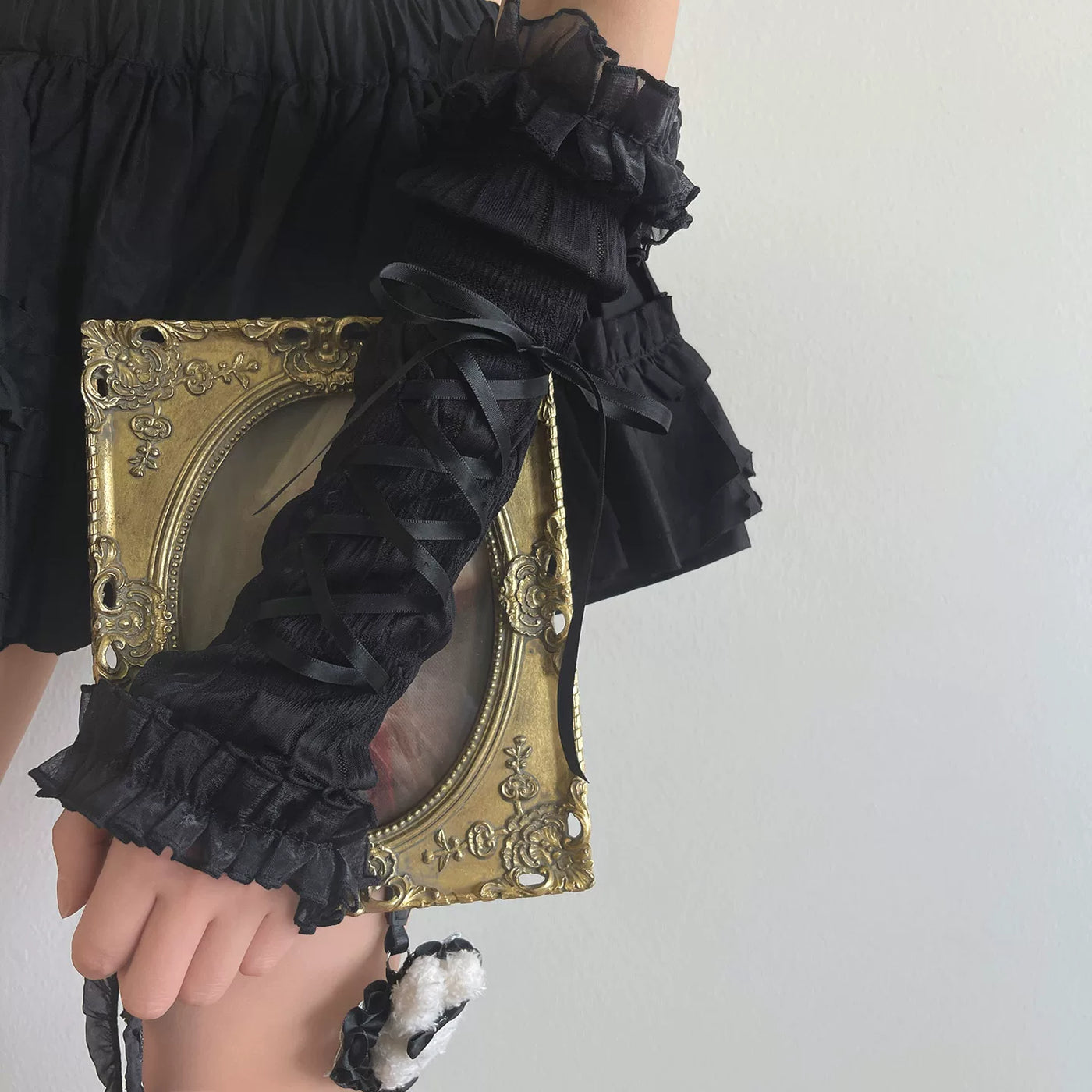 Sock Noble - Dark Ballet - Lace-Ruffle Long Arm Sleeves with Tie Straps