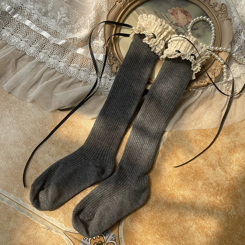 Sock Noble - Winter Lace - Cotton and Wool Mid-Calf Boot Socks with Ribbon Ties