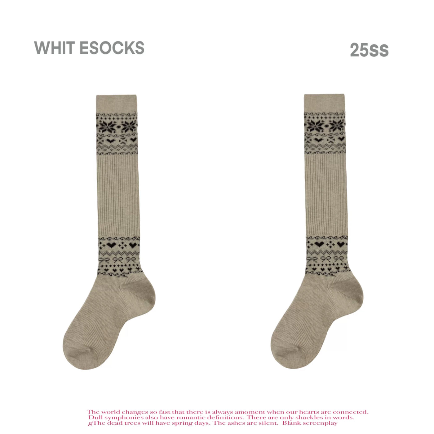 White Socks - Nordic Gray - Mid-Calf Slouch Socks with Fair Isle-Style Bands