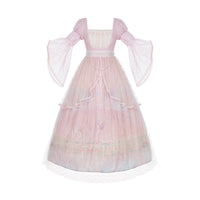 With PUJI - Giverny Spring - Lolita Dress Collection, High-waist Silhouette & Full Skirt - High-waist Empire waist oil painting pattern long OP + waist chain Pre-order, shipping gradually from October 18 / S