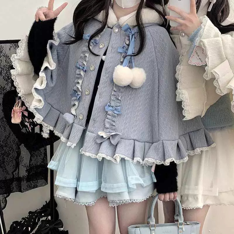 Sweetheart Dream Machine - Pompom Sweetheart - Hooded Cape with Plush Trim and Pompom Ties