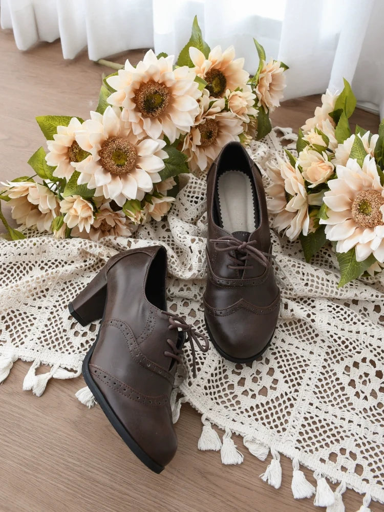 Sentaro - Retro Lolita Heel Shoes Handmade - Perforated Strap Leather Shoes Shoes
