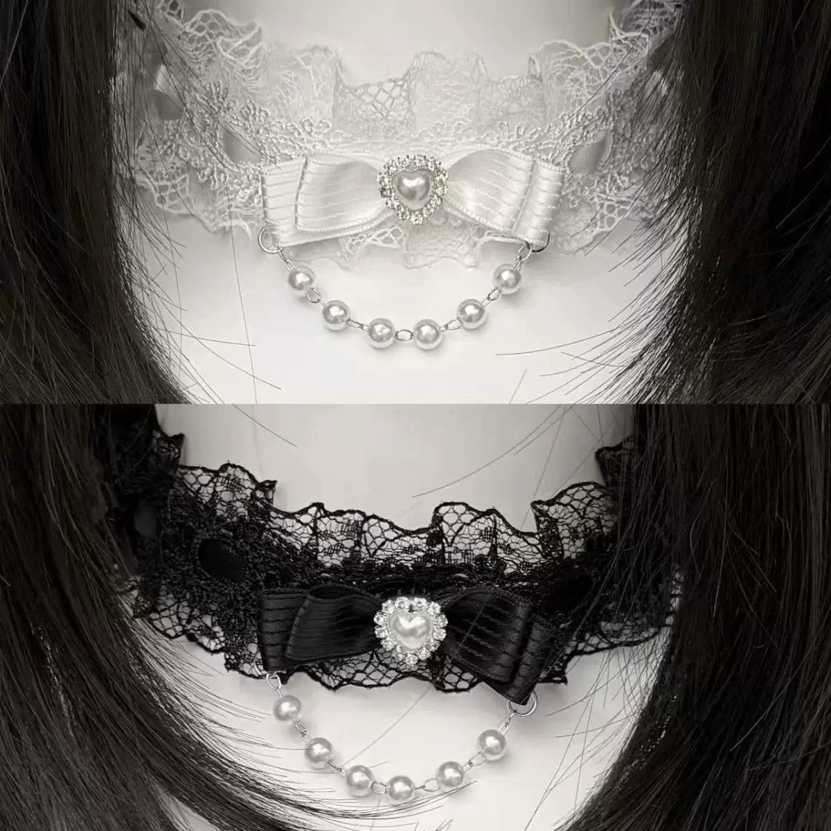 Creamy - Butterfly Pearl - Lace Choker Necklace with Bow Detail