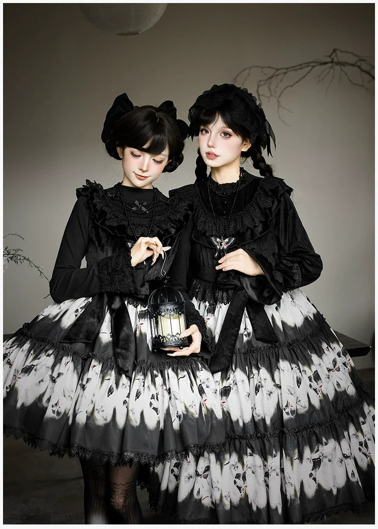 With PUJI - Dead Leaf Butterfly - Gothic Lolita JSK & OP Dress Set, Butterfly Print