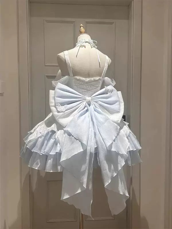 Creamy - Blue Swan - White-and-Blue Lolita Dress with Butterfly Details and Train
