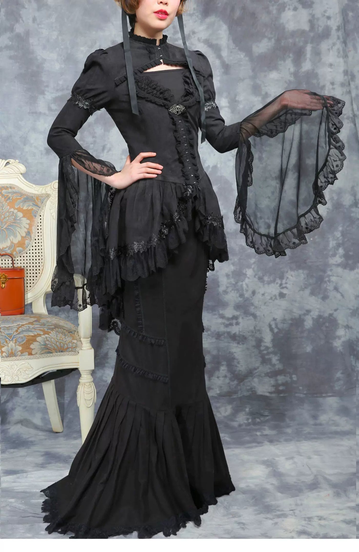 LACE GARDEN - Dark Lace - Black Mesh Outerwear and Mermaid Skirt Set with Lace Trim