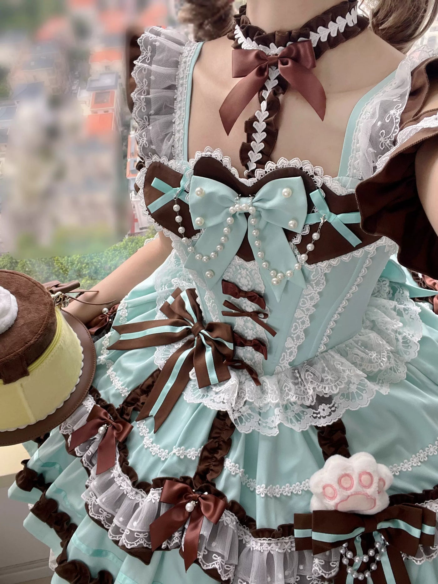Creamy - Mint Chocolate Ribbon - Mint JSK dress set with chocolate-brown bows