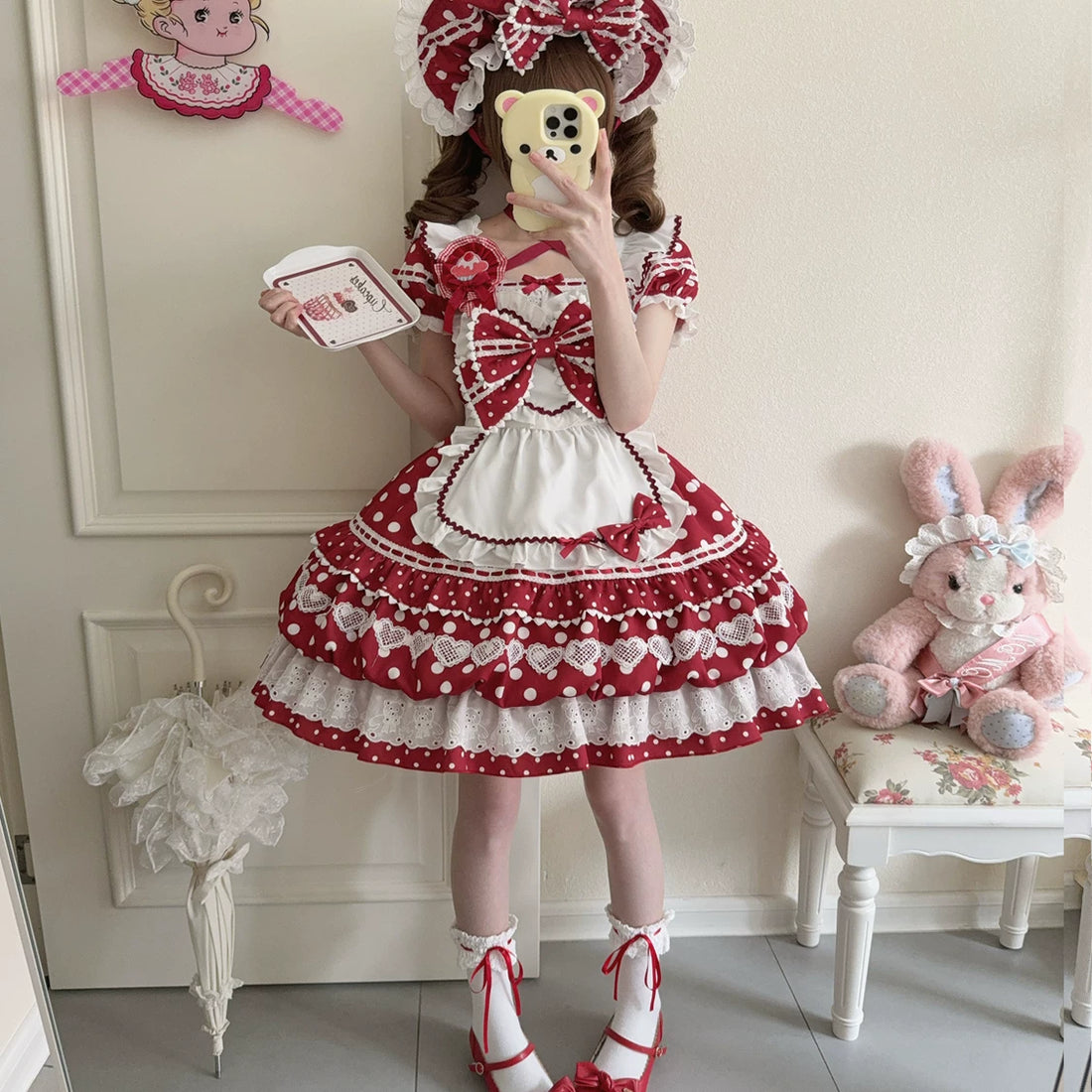 Lady Han Berry Bobo sweet cute lolita dress by Lolita Fetch, featuring a colorful, floral-themed design and a ruffled neckline.