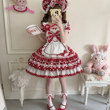 Lady Han Berry Bobo sweet cute lolita dress by Lolita Fetch, featuring a colorful, floral-themed design and a ruffled neckline.