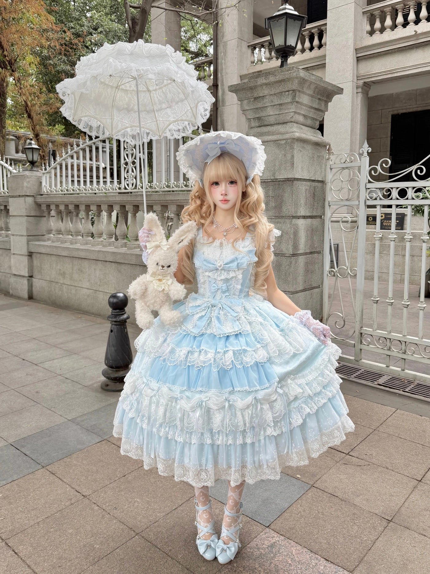 Eternal Floral Whisper - Sweet Lolita Tiered JSK Dress with Lace Blue JSK + Blue Back Bow Trailing + Blue BNT S