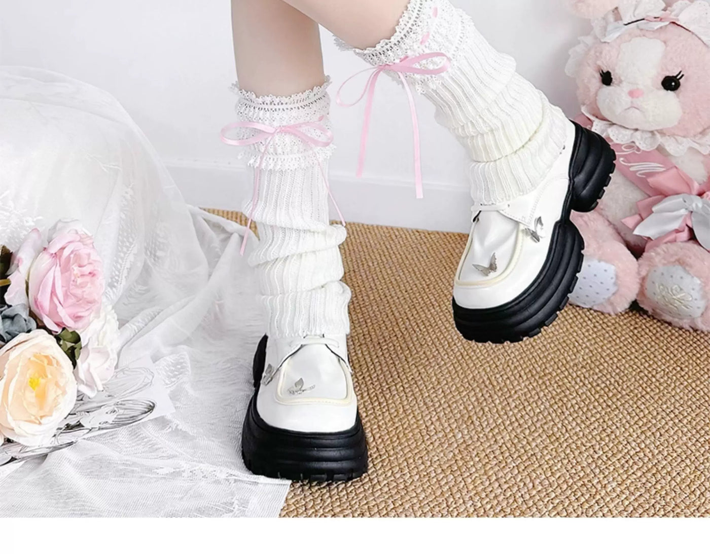 Floral Milk Cat - Ballet Lace - Approx. 40 cm Knit Socks with Lace Cuffs and Ribbons